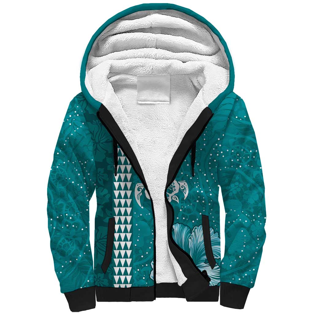 Teal Hibiscus Turle Sherpa Hoodie Hawaiian Style Tribal Tapa Pattern