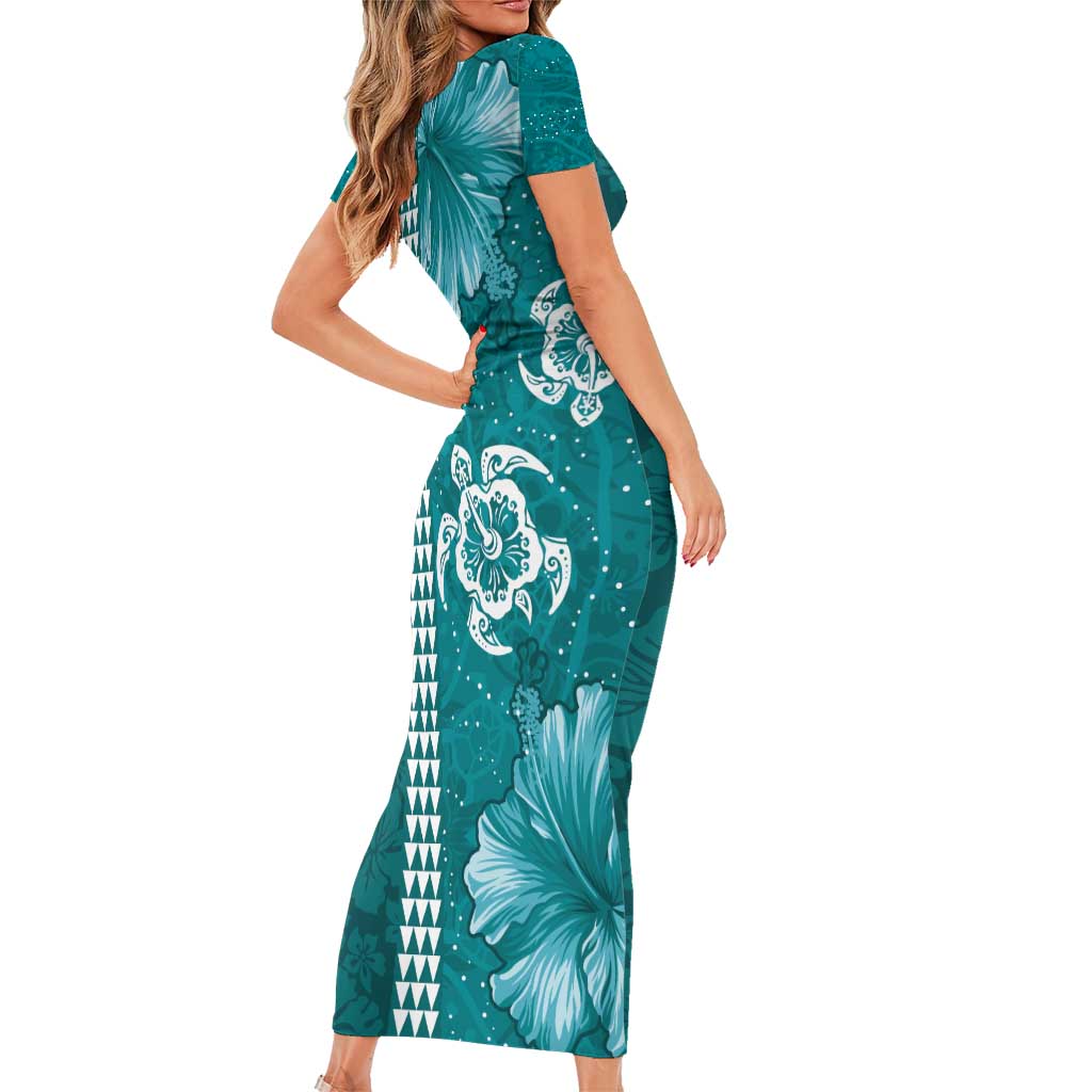 Teal Hibiscus Turle Short Sleeve Bodycon Dress Hawaiian Style Tribal Tapa Pattern