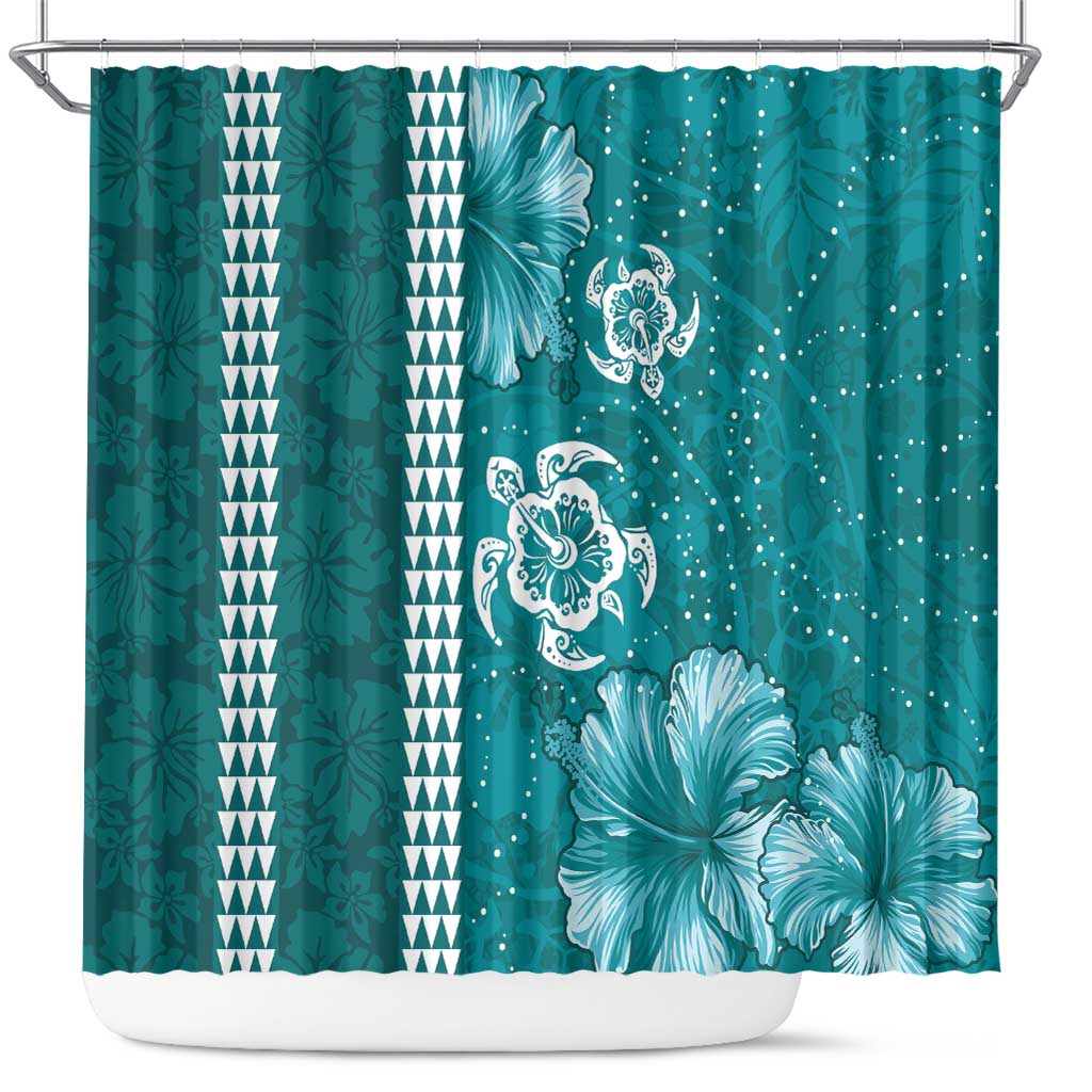 Teal Hibiscus Turle Shower Curtain Hawaiian Style Tribal Tapa Pattern