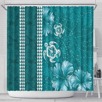 Teal Hibiscus Turle Shower Curtain Hawaiian Style Tribal Tapa Pattern