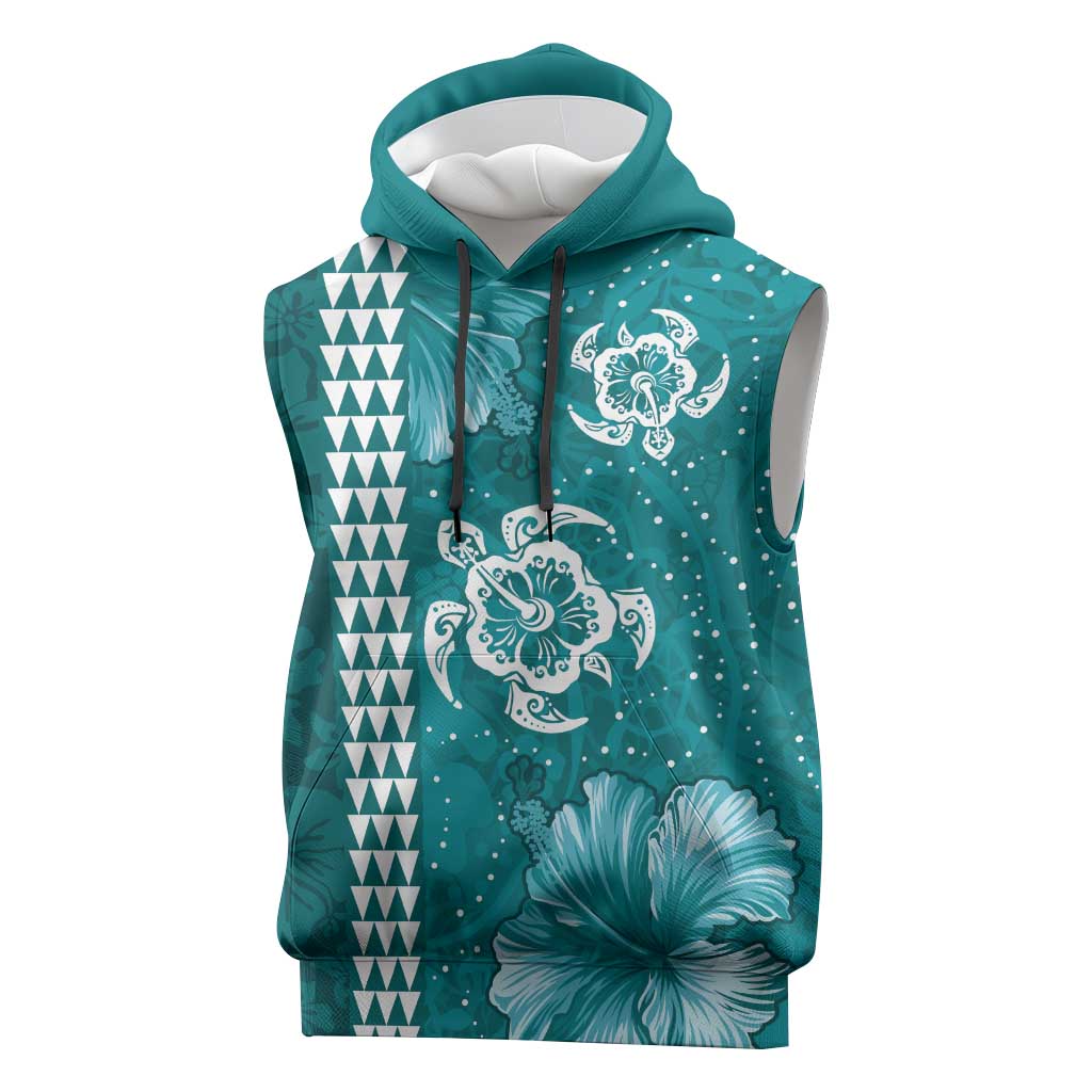 Teal Hibiscus Turle Sleeveless Hoodie Hawaiian Style Tribal Tapa Pattern LT9 Teal - Polynesian Pride