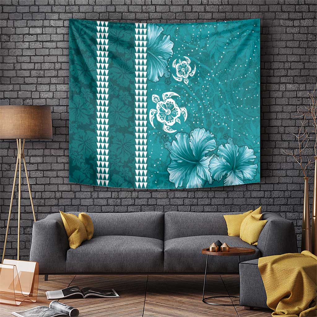 Teal Hibiscus Turle Tapestry Hawaiian Style Tribal Tapa Pattern