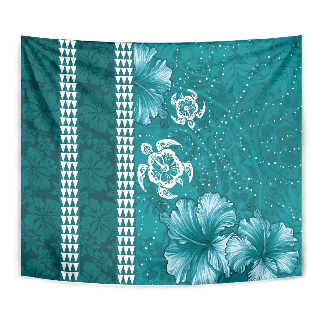 Teal Hibiscus Turle Tapestry Hawaiian Style Tribal Tapa Pattern