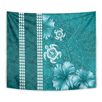 Teal Hibiscus Turle Tapestry Hawaiian Style Tribal Tapa Pattern