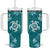 Teal Hibiscus Turle Tumbler With Handle Hawaiian Style Tribal Tapa Pattern
