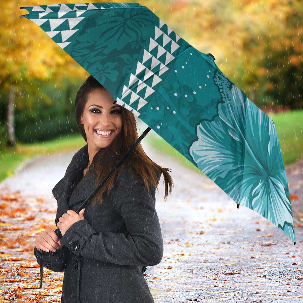 Teal Hibiscus Turle Umbrella Hawaiian Style Tribal Tapa Pattern - Polynesian Pride
