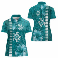 Teal Hibiscus Turle Women Polo Shirt Hawaiian Style Tribal Tapa Pattern