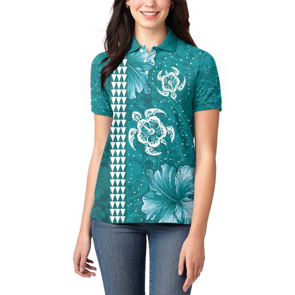 Teal Hibiscus Turle Women Polo Shirt Hawaiian Style Tribal Tapa Pattern