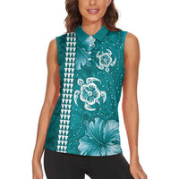 Teal Hibiscus Turle Women Sleeveless Polo Shirt Hawaiian Style Tribal Tapa Pattern
