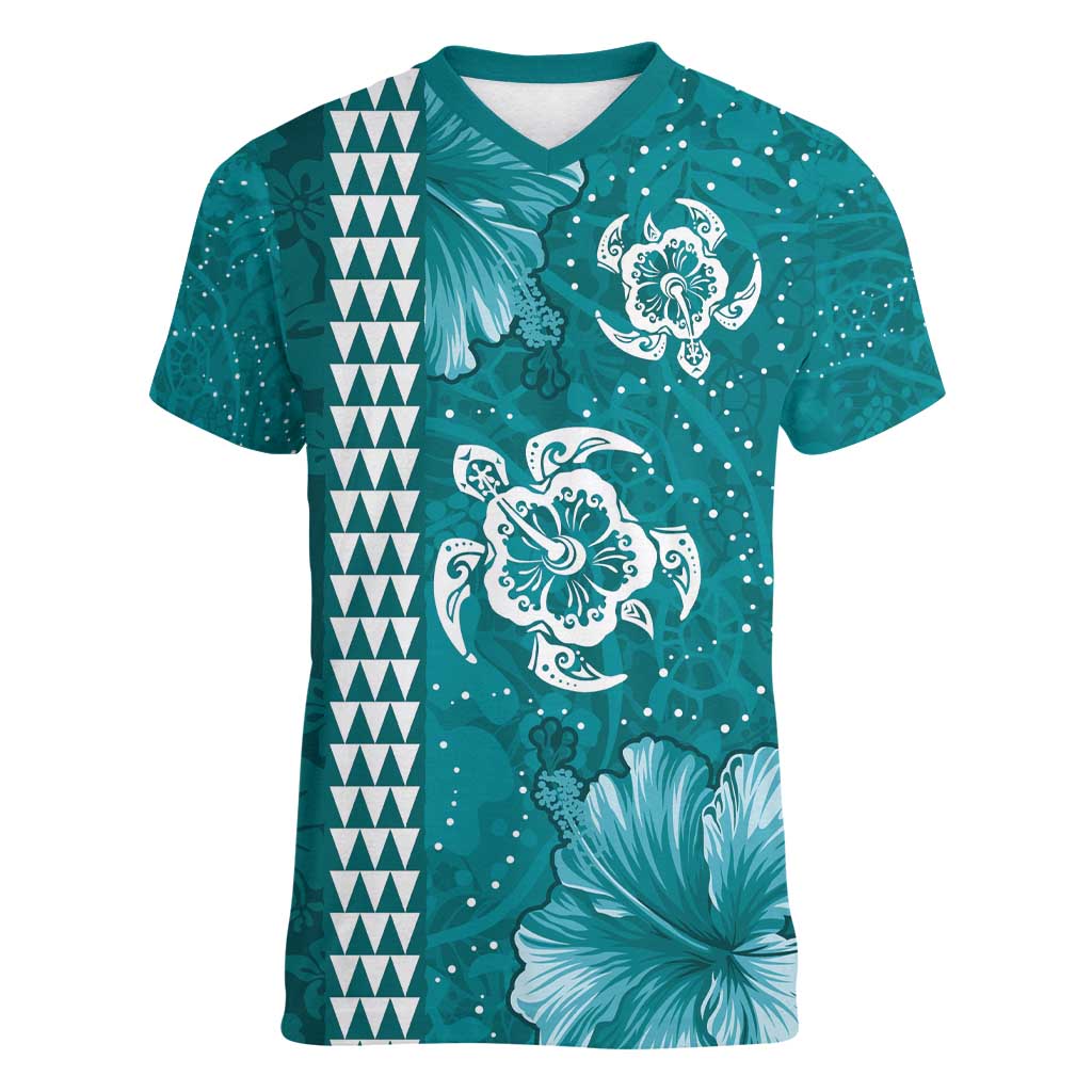Teal Hibiscus Turle Women V-Neck T-Shirt Hawaiian Style Tribal Tapa Pattern LT9 Female Teal - Polynesian Pride