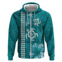 Teal Hibiscus Turle Zip Hoodie Hawaiian Style Tribal Tapa Pattern LT9 Zip Hoodie Teal - Polynesian Pride