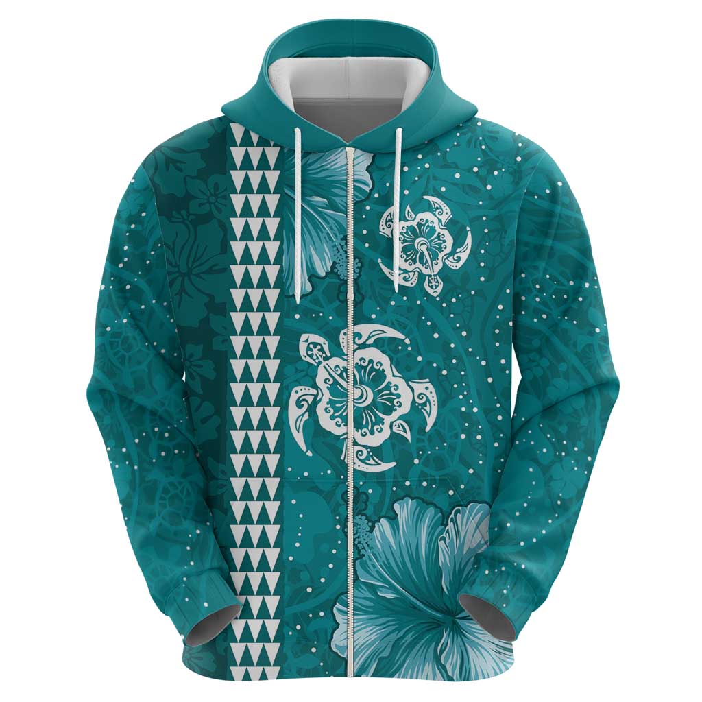 Teal Hibiscus Turle Zip Hoodie Hawaiian Style Tribal Tapa Pattern LT9 - Polynesian Pride
