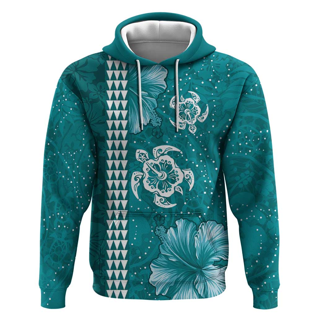 Teal Hibiscus Turle Zip Hoodie Hawaiian Style Tribal Tapa Pattern LT9 Pullover Hoodie Teal - Polynesian Pride