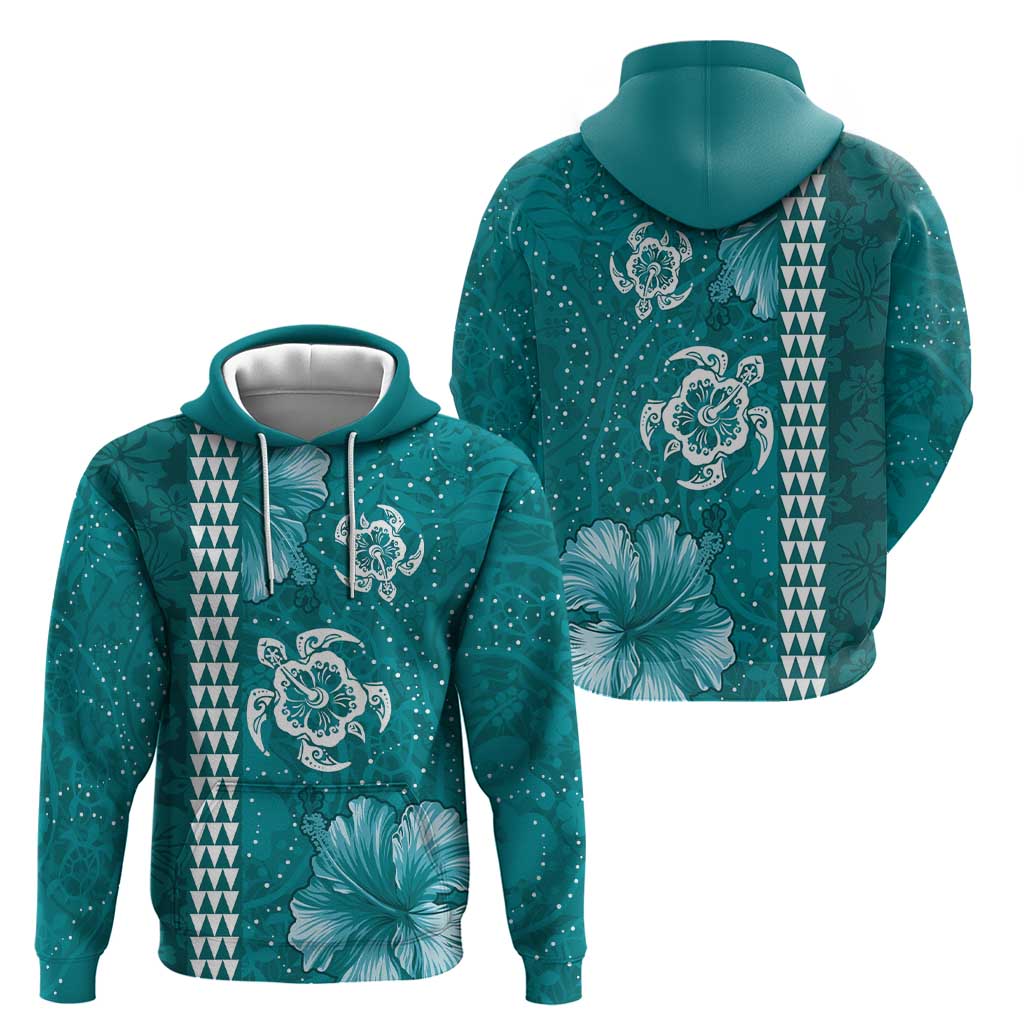 Teal Hibiscus Turle Zip Hoodie Hawaiian Style Tribal Tapa Pattern LT9 - Polynesian Pride