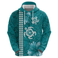 Teal Hibiscus Turle Zip Hoodie Hawaiian Style Tribal Tapa Pattern LT9 - Polynesian Pride