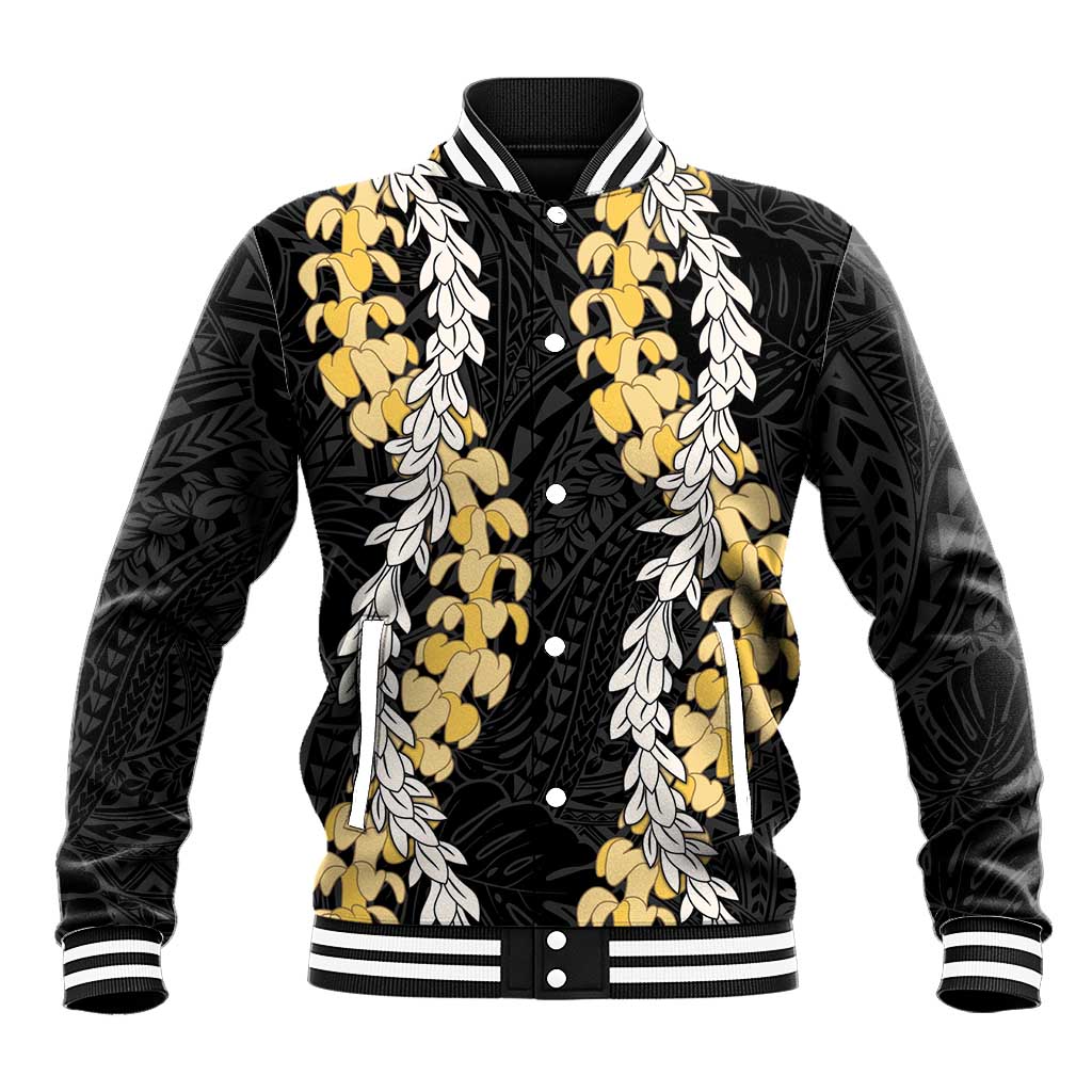 Puakenikeni and Maile Lei Baseball Jacket Black Double Strand Lei