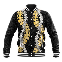 Puakenikeni and Maile Lei Baseball Jacket Black Double Strand Lei