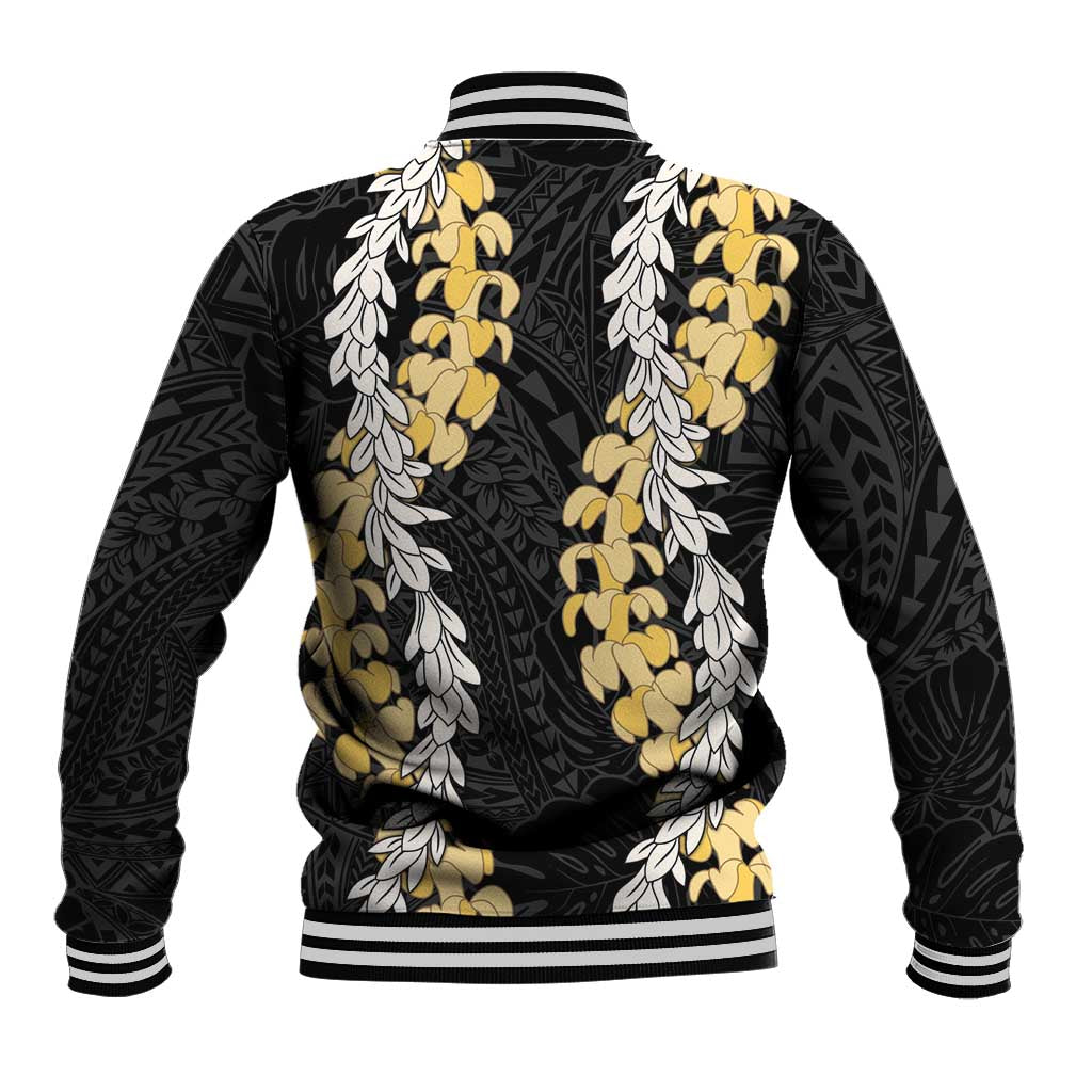 Puakenikeni and Maile Lei Baseball Jacket Black Double Strand Lei