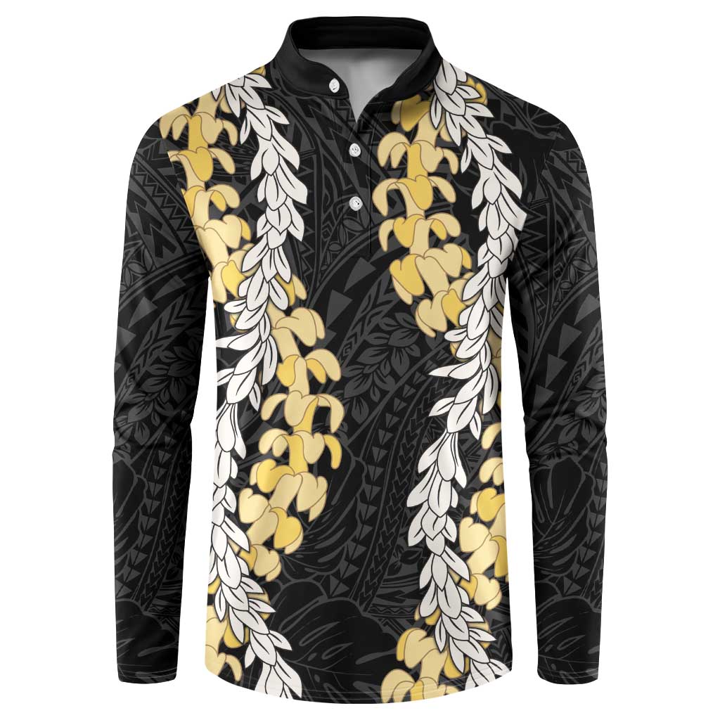 Puakenikeni and Maile Lei Button Sweatshirt Black Double Strand Lei
