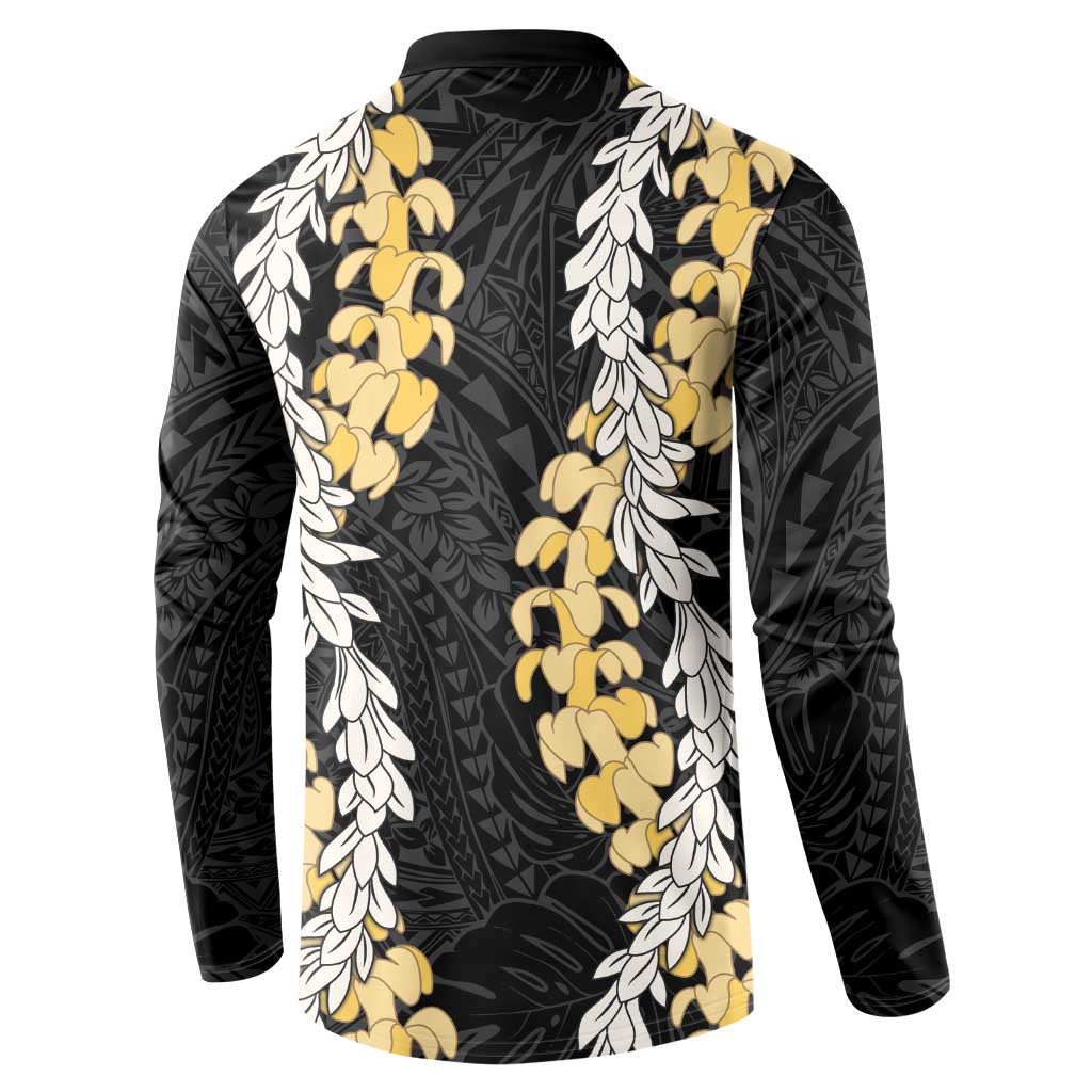 Puakenikeni and Maile Lei Button Sweatshirt Black Double Strand Lei