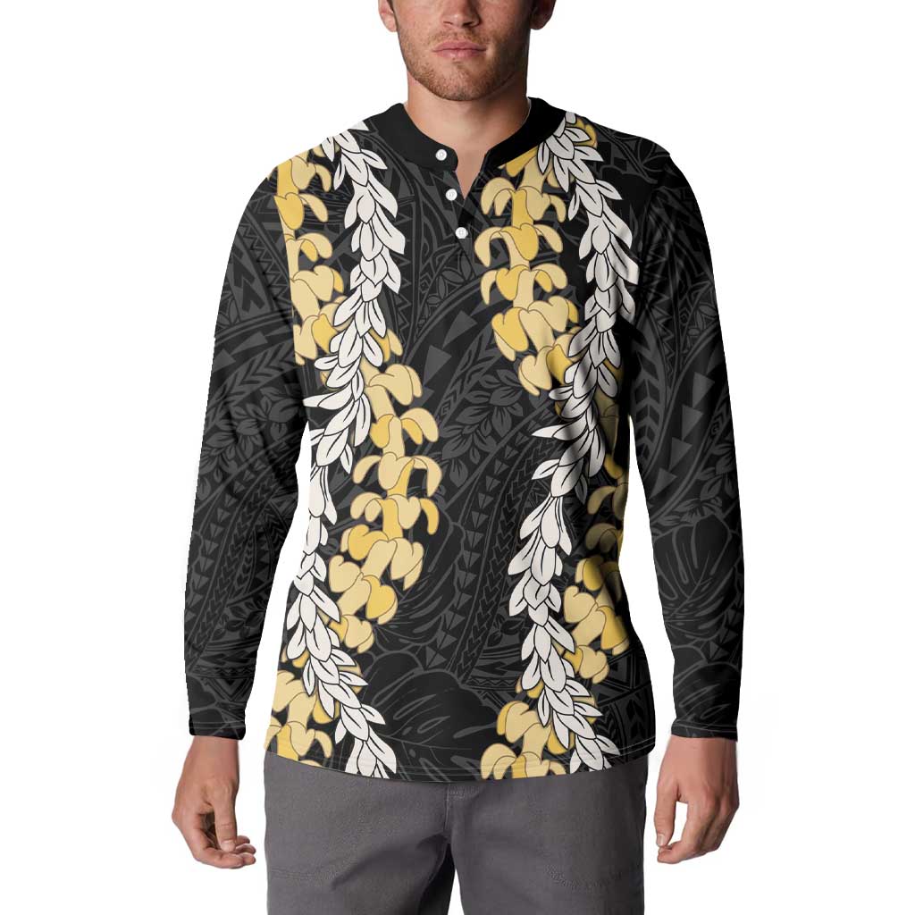 Puakenikeni and Maile Lei Button Sweatshirt Black Double Strand Lei