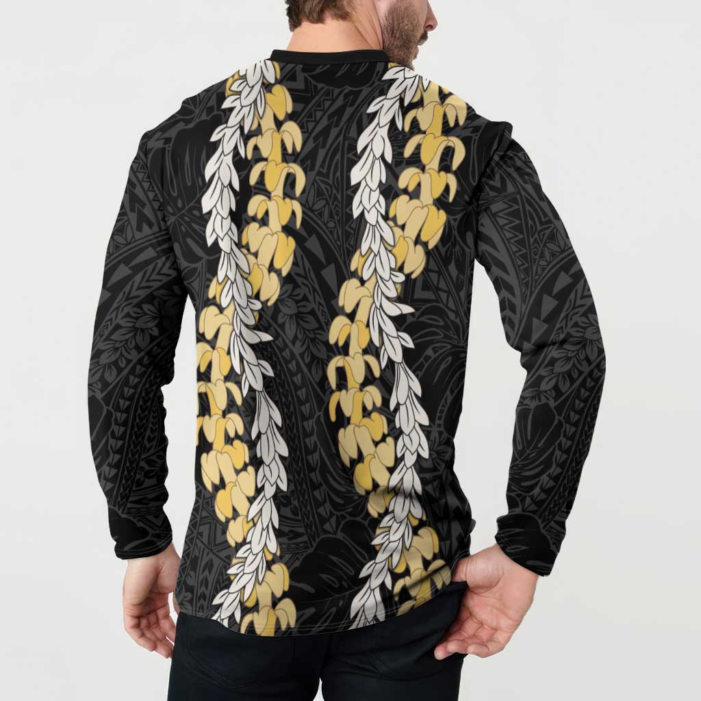Puakenikeni and Maile Lei Button Sweatshirt Black Double Strand Lei