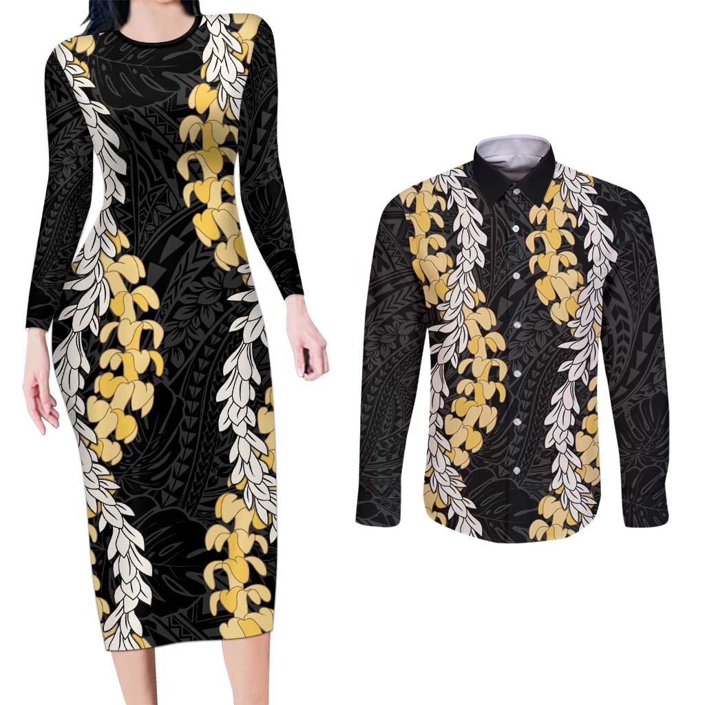 Puakenikeni and Maile Lei Couples Matching Long Sleeve Bodycon Dress and Long Sleeve Button Shirt Black Double Strand Lei LT9 Black - Polynesian Pride