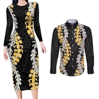 Puakenikeni and Maile Lei Couples Matching Long Sleeve Bodycon Dress and Long Sleeve Button Shirt Black Double Strand Lei LT9 Black - Polynesian Pride