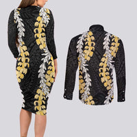 Puakenikeni and Maile Lei Couples Matching Long Sleeve Bodycon Dress and Long Sleeve Button Shirt Black Double Strand Lei LT9 - Polynesian Pride