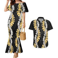 Puakenikeni and Maile Lei Couples Matching Mermaid Dress and Hawaiian Shirt Black Double Strand Lei