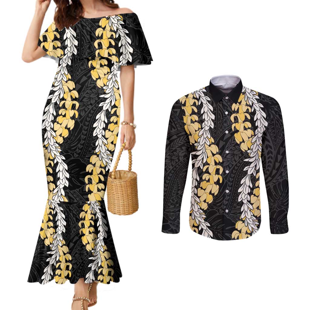 Puakenikeni and Maile Lei Couples Matching Mermaid Dress and Long Sleeve Button Shirt Black Double Strand Lei LT9 Black - Polynesian Pride