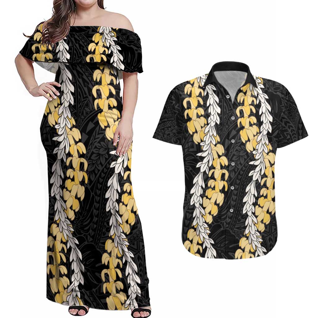 Puakenikeni and Maile Lei Couples Matching Off Shoulder Maxi Dress and Hawaiian Shirt Black Double Strand Lei
