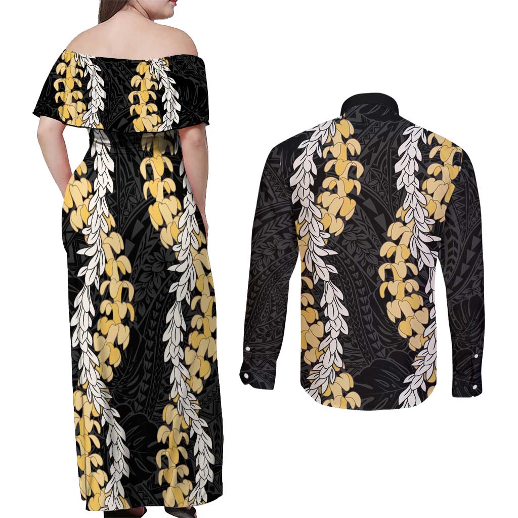 Puakenikeni and Maile Lei Couples Matching Off Shoulder Maxi Dress and Long Sleeve Button Shirt Black Double Strand Lei LT9 - Polynesian Pride