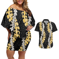 Puakenikeni and Maile Lei Couples Matching Off Shoulder Short Dress and Hawaiian Shirt Black Double Strand Lei