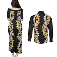 Puakenikeni and Maile Lei Couples Matching Puletasi and Long Sleeve Button Shirt Black Double Strand Lei