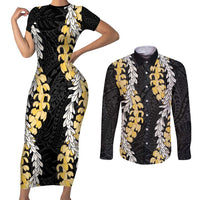 Puakenikeni and Maile Lei Couples Matching Short Sleeve Bodycon Dress and Long Sleeve Button Shirt Black Double Strand Lei LT9 Black - Polynesian Pride
