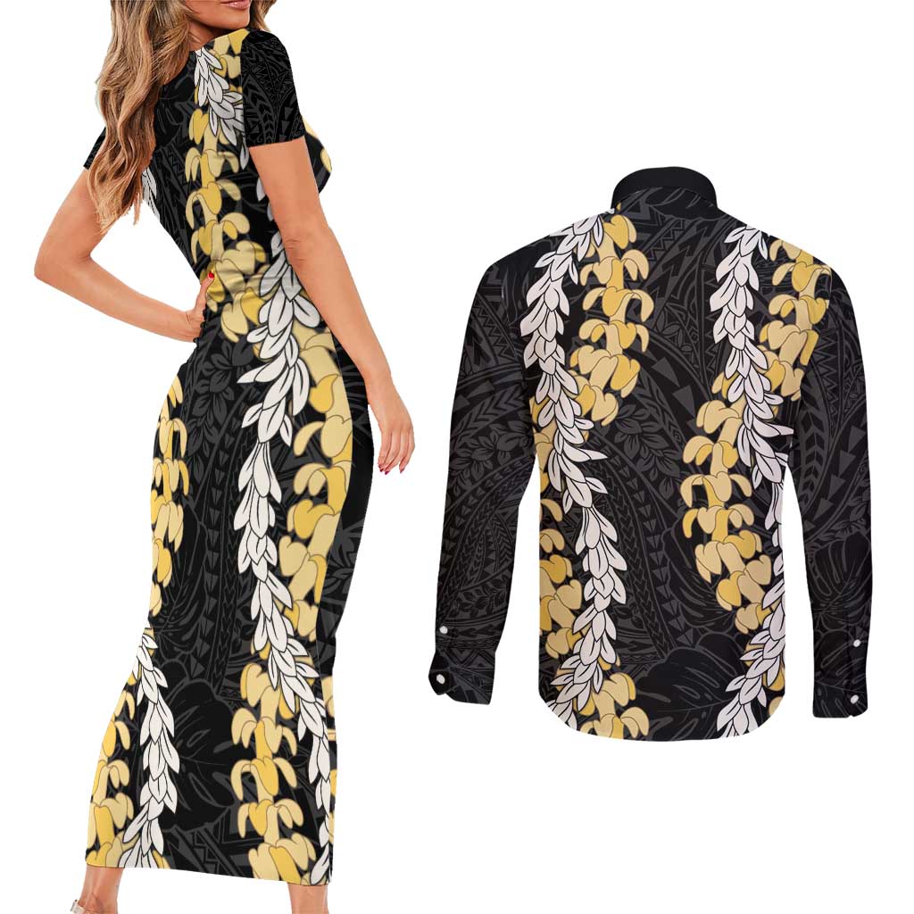Puakenikeni and Maile Lei Couples Matching Short Sleeve Bodycon Dress and Long Sleeve Button Shirt Black Double Strand Lei LT9 - Polynesian Pride