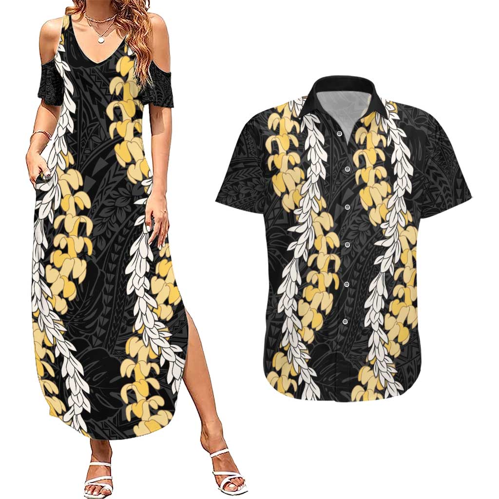Puakenikeni and Maile Lei Couples Matching Summer Maxi Dress and Hawaiian Shirt Black Double Strand Lei