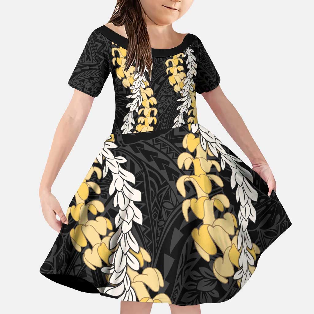 Puakenikeni and Maile Lei Family Matching Long Sleeve Bodycon Dress and Hawaiian Shirt Black Double Strand Lei