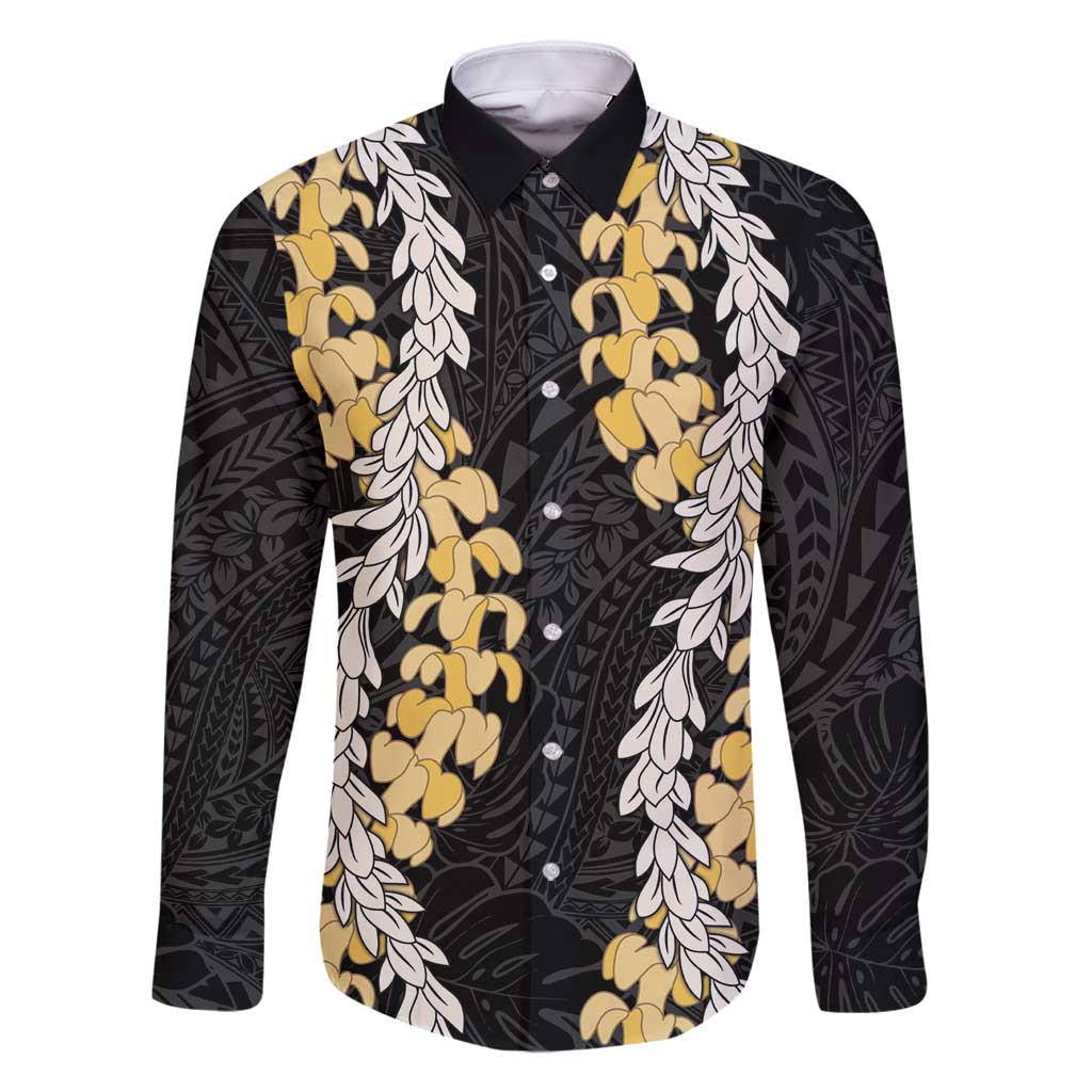 Puakenikeni and Maile Lei Family Matching Long Sleeve Bodycon Dress and Hawaiian Shirt Black Double Strand Lei