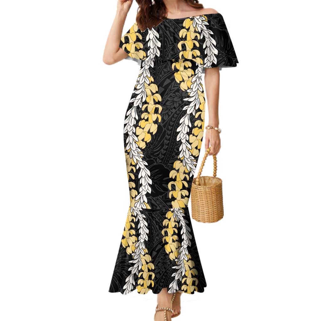 Puakenikeni and Maile Lei Family Matching Mermaid Dress and Hawaiian Shirt Black Double Strand Lei