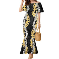 Puakenikeni and Maile Lei Family Matching Mermaid Dress and Hawaiian Shirt Black Double Strand Lei