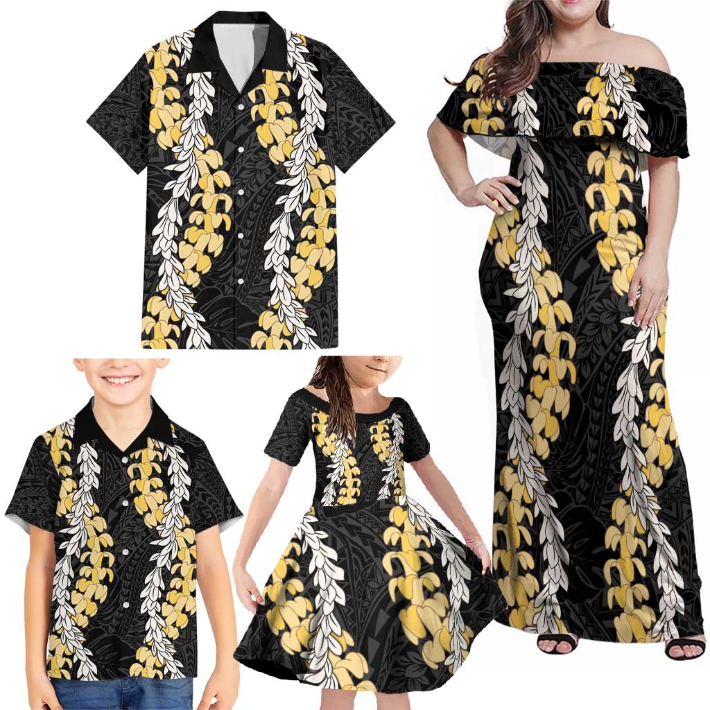 Puakenikeni and Maile Lei Family Matching Off Shoulder Maxi Dress and Hawaiian Shirt Black Double Strand Lei