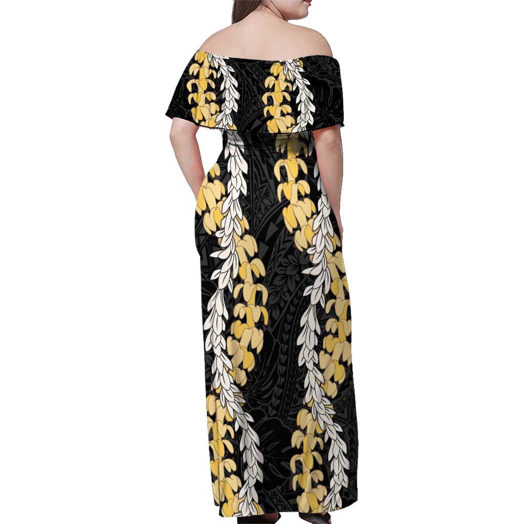 Puakenikeni and Maile Lei Family Matching Off Shoulder Maxi Dress and Hawaiian Shirt Black Double Strand Lei