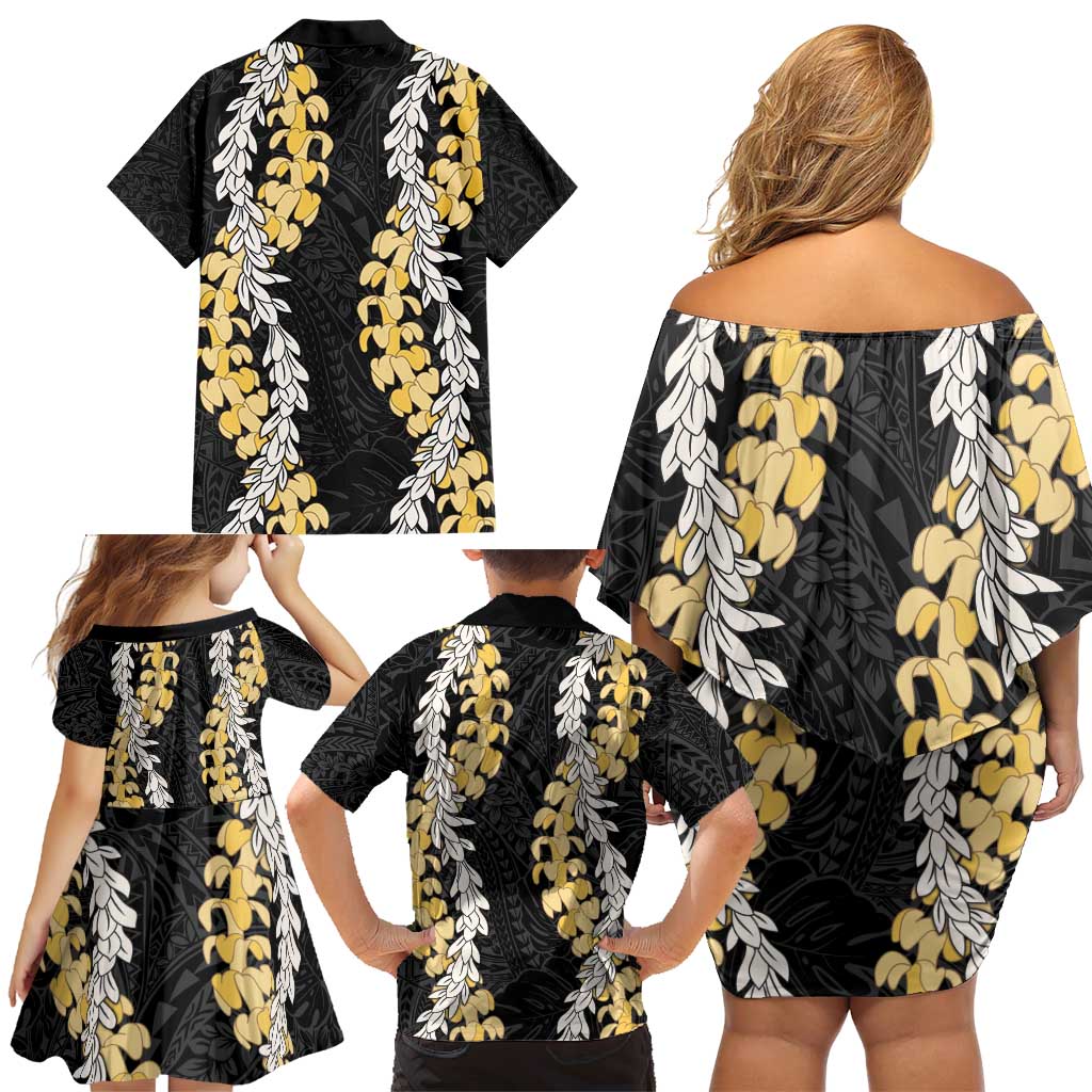 Puakenikeni and Maile Lei Family Matching Off Shoulder Short Dress and Hawaiian Shirt Black Double Strand Lei
