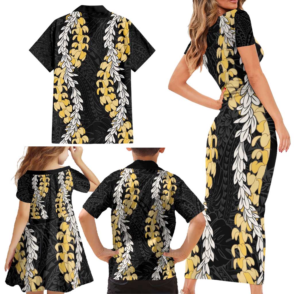 Puakenikeni and Maile Lei Family Matching Short Sleeve Bodycon Dress and Hawaiian Shirt Black Double Strand Lei