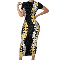 Puakenikeni and Maile Lei Family Matching Short Sleeve Bodycon Dress and Hawaiian Shirt Black Double Strand Lei