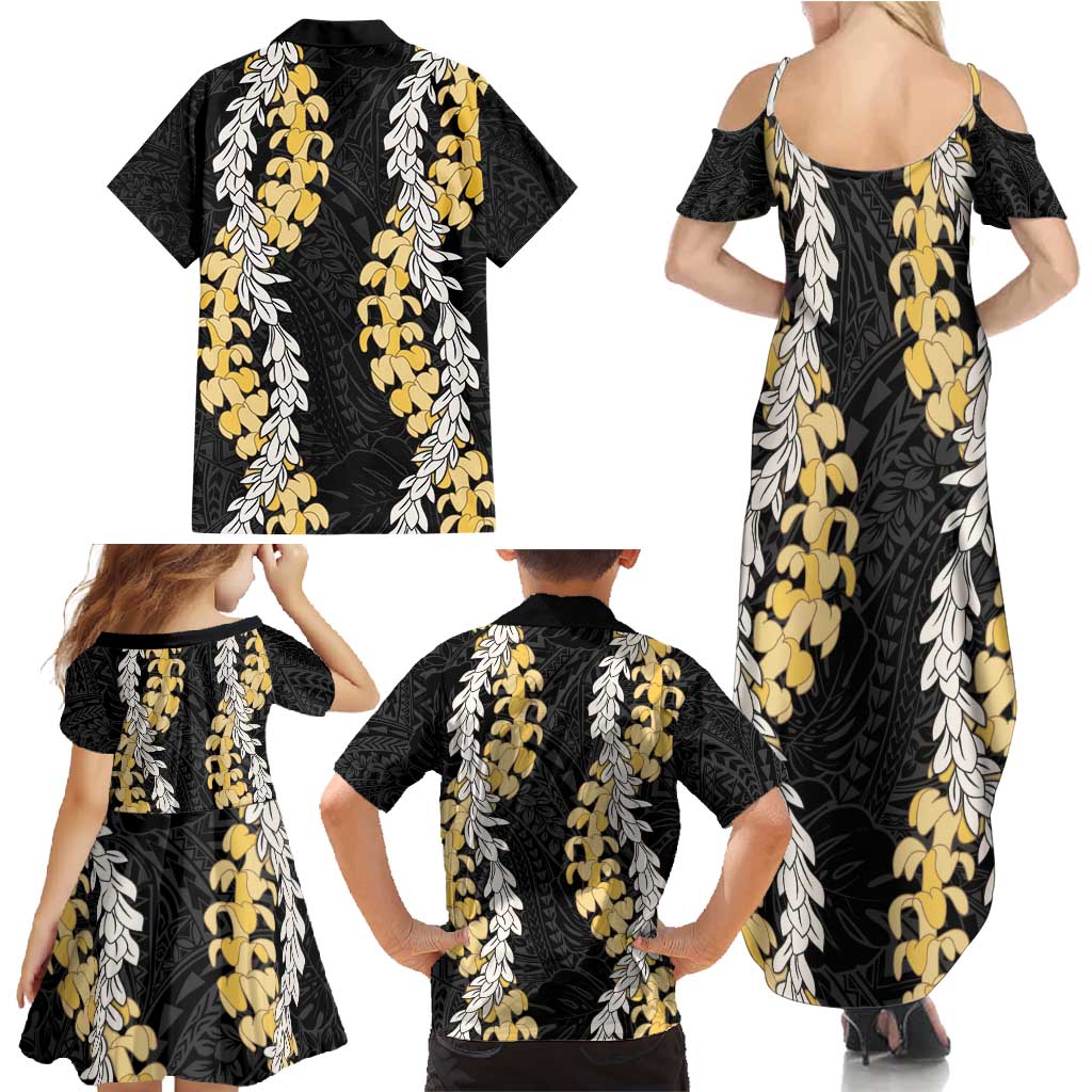 Puakenikeni and Maile Lei Family Matching Summer Maxi Dress and Hawaiian Shirt Black Double Strand Lei