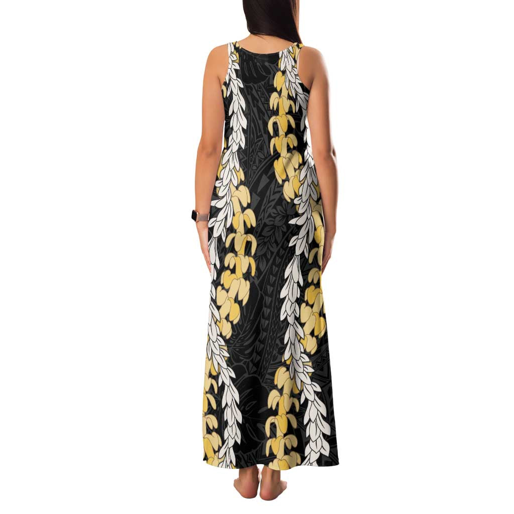 Puakenikeni and Maile Lei Family Matching Tank Maxi Dress and Hawaiian Shirt Black Double Strand Lei