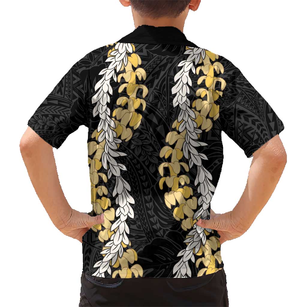 Puakenikeni and Maile Lei Kid Hawaiian Shirt Black Double Strand Lei